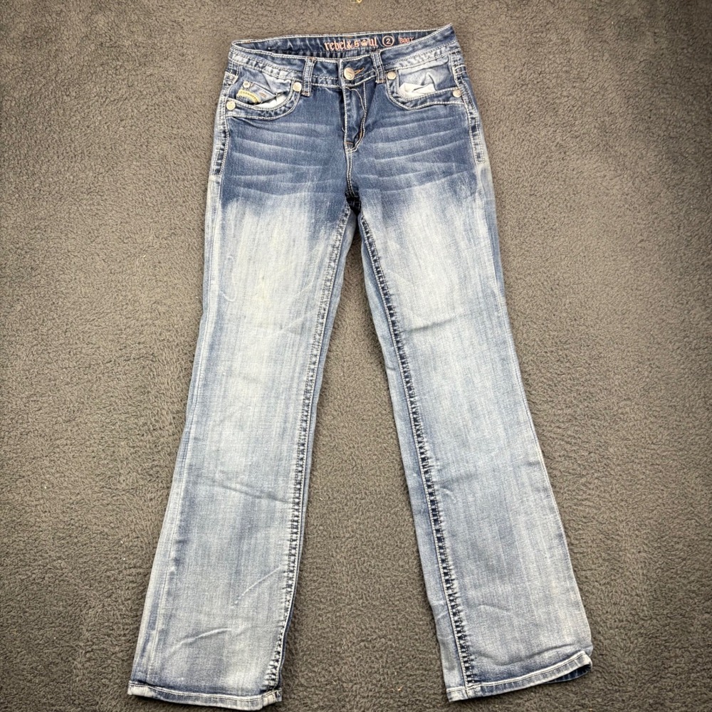 Rebel Soul‎ Kids Jeans Bootcut Blue Wash Size 2 Embellished Pockets